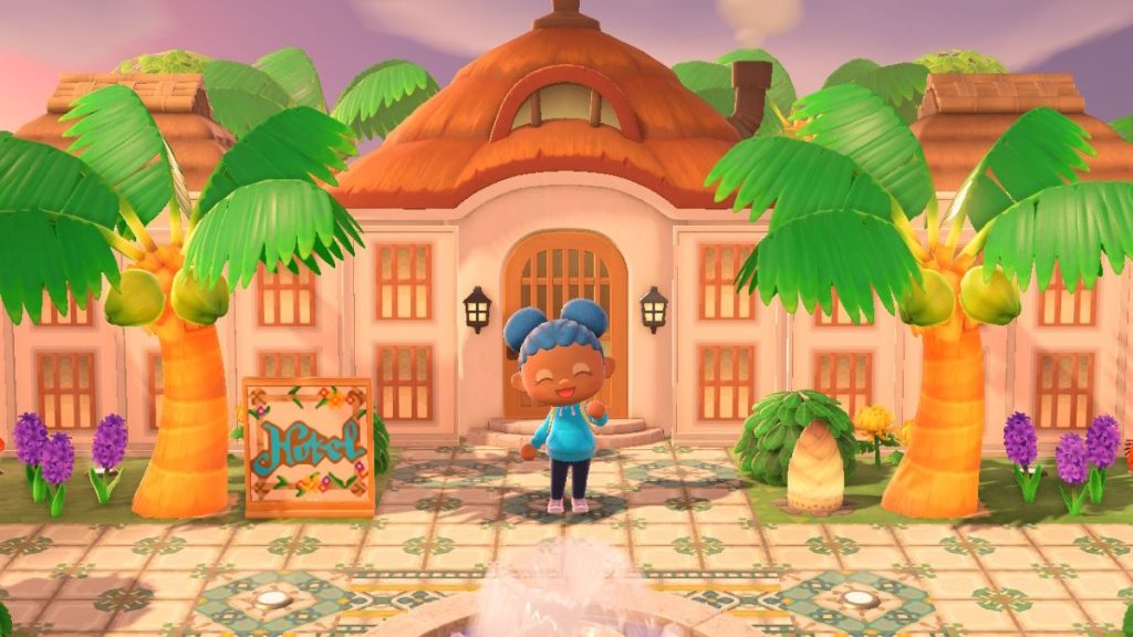 Animal Crossing New Horizon Dream Island - Villager in front of custom hotel building